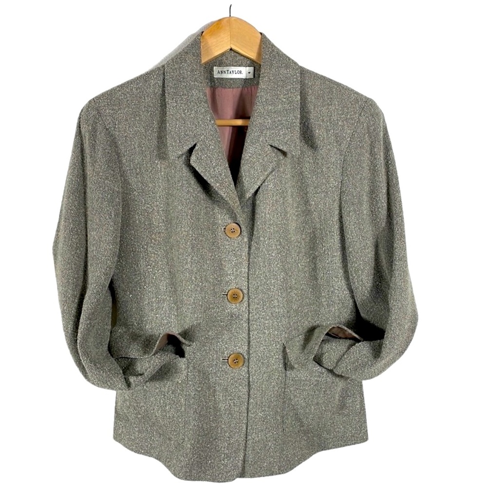 ANN TAYLOR Blazer Jacket Outerwear Size 4 Vintage 90 Tan Tweed Wool Blend Career